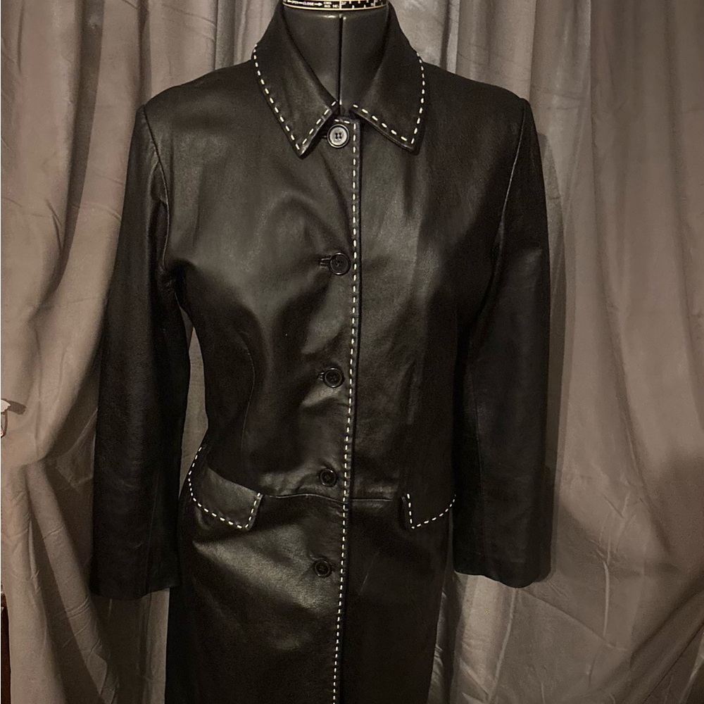 Bagatelle Vintage 90’s/Y2K Black Leather Trench or Car Coat with White Stitching